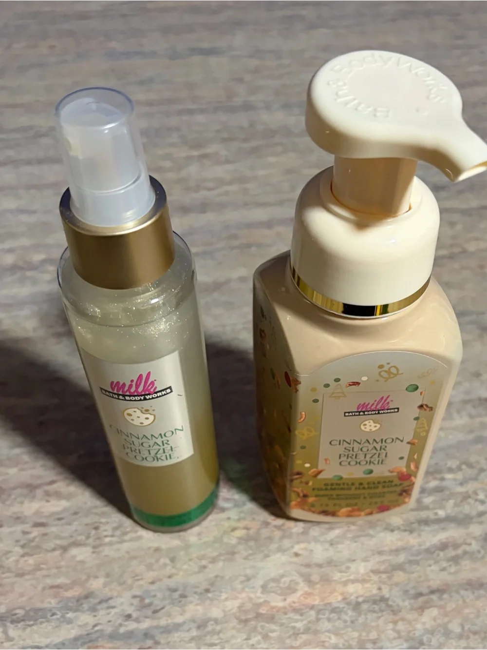 Bath & Body Works Milk Cinnamon Sugar Pretzel Cookie Soap & Diamond Shimmer Mist